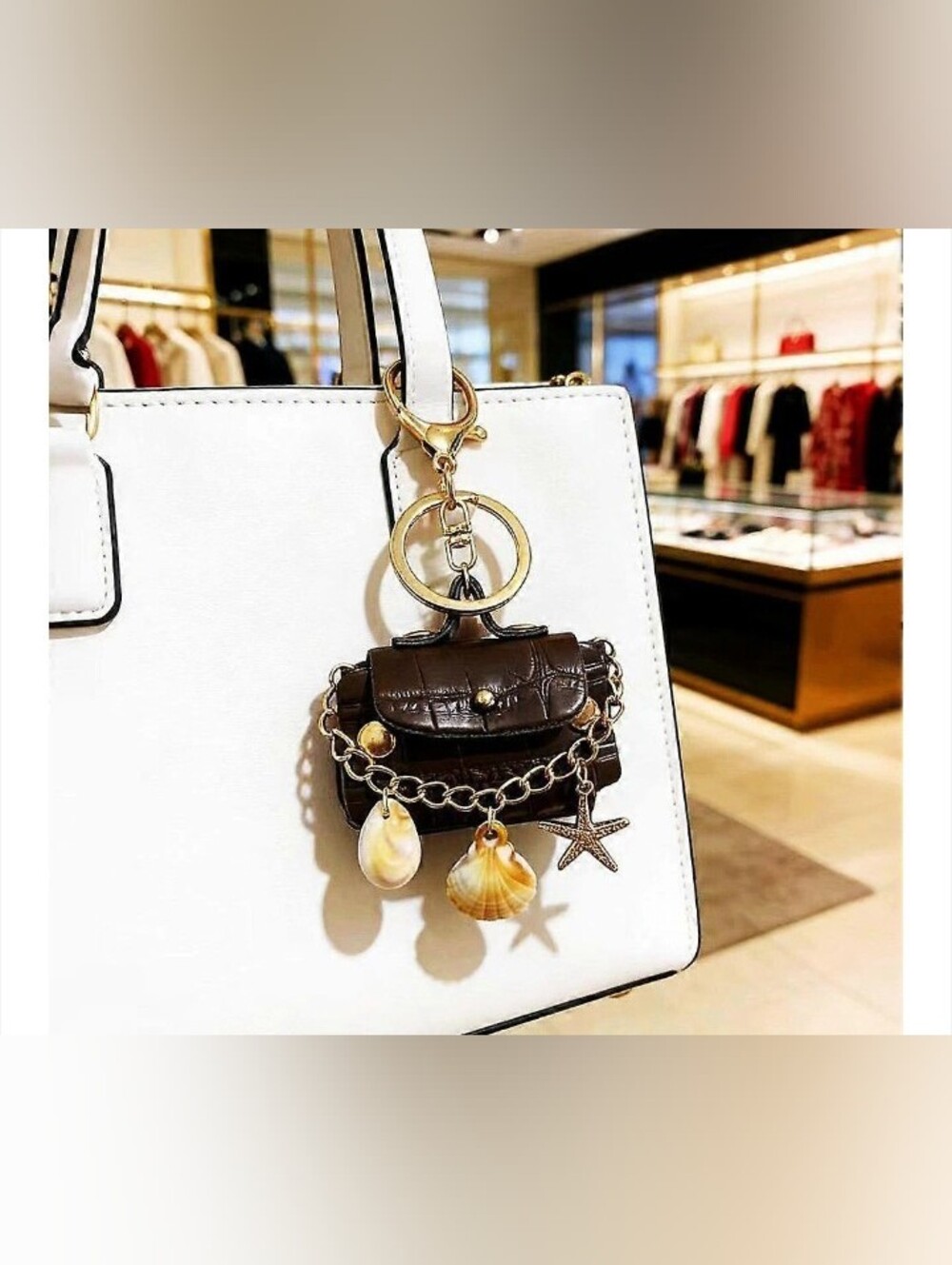 Mini Dark Brown Bag Charm Keychain with Shell & Starfish Charms